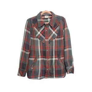 Cabi Plaid Long Sleeve Shirt/ Shacket Women Size M Gray Red Ruffled Bib Western